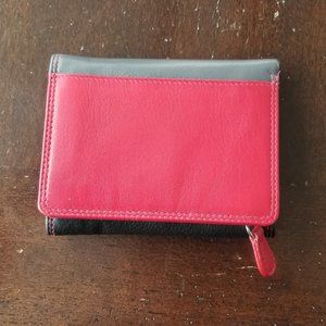 ILI New York Leather Tri-fold Wallet Red/Black/Grey